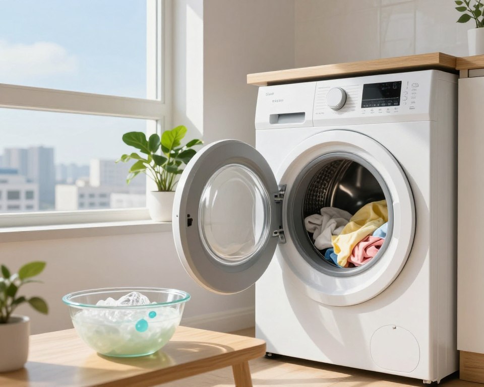 A serene laundry room with a modern washing machine filled with bright, clean clothes being washed in cold water. In the foreground, a clear bowl filled with eco-friendly detergent is placed on a wooden countertop, symbolizing eco-conscious choices. In the middle, visualize a half-open window allowing natural light to stream in, illuminating a green plant to showcase the environmental benefits. In the background, depict a cityscape through the window with blue skies, illustrating fresh air and reduced energy usage. The overall mood is fresh and calming, highlighting sustainability and efficiency, with soft sunlight casting gentle shadows throughout the scene. Use a wide-angle lens to capture the depth of the room, emphasizing a clean, modern aesthetic without any text or distractions. A serene laundry room with a modern washing machine filled with bright, clean clothes being washed in cold water. In the foreground, a clear bowl filled with eco-friendly detergent is placed on a wooden countertop, symbolizing eco-conscious choices. In the middle, visualize a half-open window allowing natural light to stream in, illuminating a green plant to showcase the environmental benefits. In the background, depict a cityscape through the window with blue skies, illustrating fresh air and reduced energy usage. The overall mood is fresh and calming, highlighting sustainability and efficiency, with soft sunlight casting gentle shadows throughout the scene. Use a wide-angle lens to capture the depth of the room, emphasizing a clean, modern aesthetic without any text or distractions.