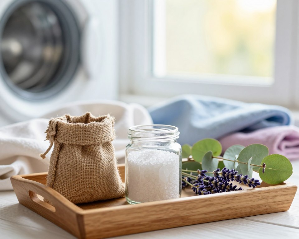 A serene laundry scene focusing on natural laundry boosters. In the foreground, a wooden tray displays various eco-friendly laundry enhancers: a small burlap sack of Borax, a glass jar filled with sodium borate crystals, and vibrant green leaves of eucalyptus and lavender scattered around. In the middle, a soft textile backdrop features white and pastel-colored fabrics, suggesting freshness and cleanliness. The background includes a softly blurred window with natural daylight streaming in, casting a warm, inviting glow over the scene. The atmosphere is tranquil, evoking a sense of eco-conscious living and the gentle power of nature in the laundry process. Shot at eye level with a shallow depth of field to emphasize the foreground elements.