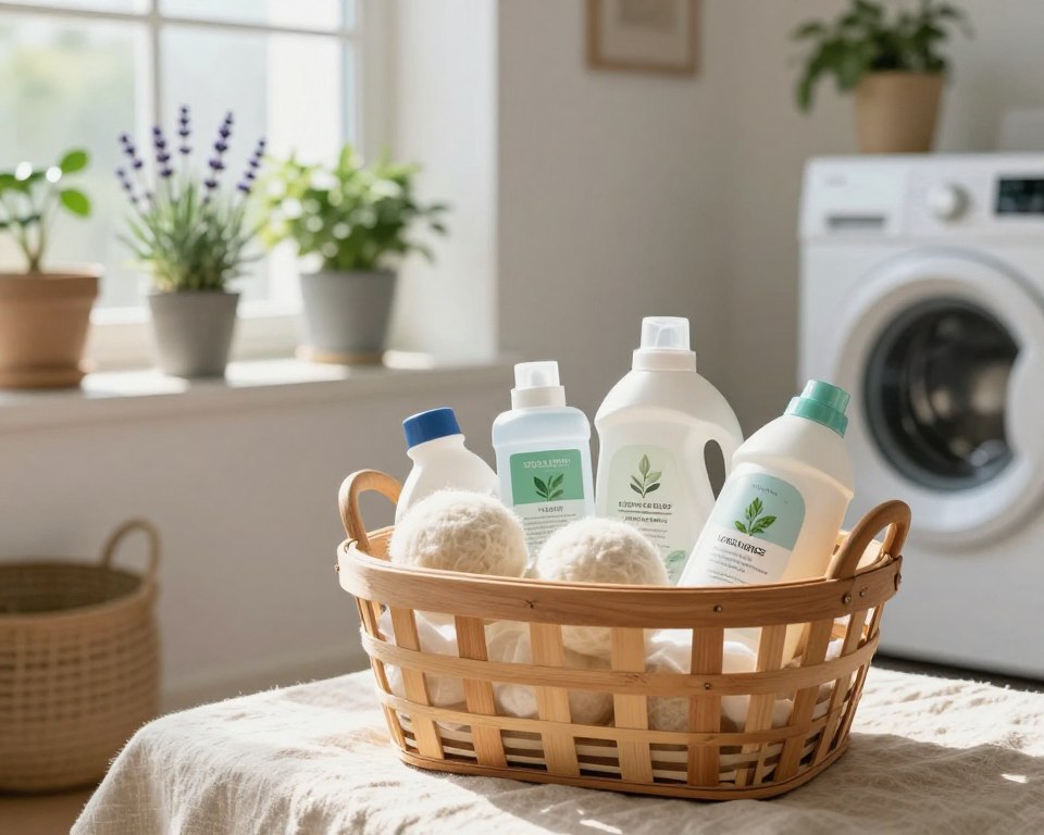 A serene laundry scene showcasing eco-friendly alternatives, featuring a rustic wooden laundry basket filled with natural laundry products, such as biodegradable detergents, wool dryer balls, and plant-based stain removers. In the foreground, a gentle sunlight streams through a window, illuminating these products on a soft, natural fabric surface. In the middle ground, an organized shelf displays potted herbs like lavender and rosemary, symbolizing natural scents and sustainability. The background reveals a bright, airy laundry room with white walls and houseplants, creating a calming atmosphere. The overall mood is peaceful and environmentally conscious, emphasizing the importance of sustainable laundry practices. The image is captured with a soft focus lens to enhance the warmth and tranquility of the scene. A serene laundry scene showcasing eco-friendly alternatives, featuring a rustic wooden laundry basket filled with natural laundry products, such as biodegradable detergents, wool dryer balls, and plant-based stain removers. In the foreground, a gentle sunlight streams through a window, illuminating these products on a soft, natural fabric surface. In the middle ground, an organized shelf displays potted herbs like lavender and rosemary, symbolizing natural scents and sustainability. The background reveals a bright, airy laundry room with white walls and houseplants, creating a calming atmosphere. The overall mood is peaceful and environmentally conscious, emphasizing the importance of sustainable laundry practices. The image is captured with a soft focus lens to enhance the warmth and tranquility of the scene.