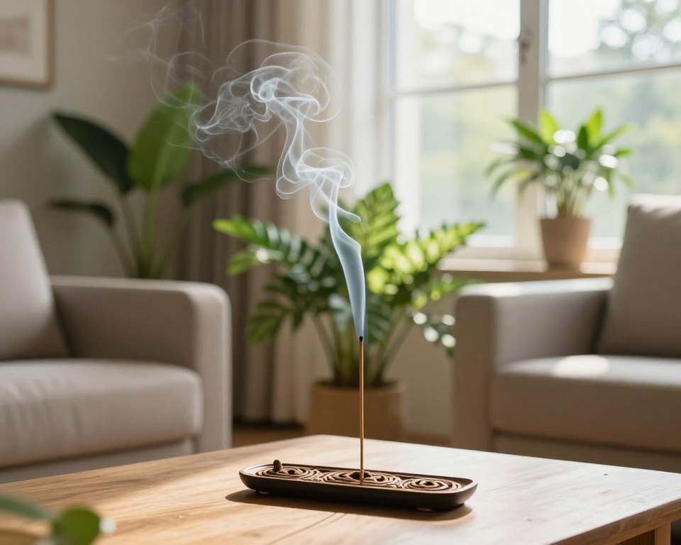 A serene living room setting featuring a beautifully arranged incense holder emitting wisps of fragrant smoke. In the foreground, focus on the ornate incense holder and delicate smoke trails, casting soft shadows. The middle ground showcases indoor plants vibrant with life, representing a healthy indoor environment. The background illustrates a sunny window with sheer curtains allowing natural light to filter in, enhancing the sense of ventilation and freshness. A calming color palette of earth tones and greens prevails throughout, evoking tranquility and well-being. The lighting is soft and warm, creating an inviting atmosphere. The overall mood suggests a balance between relaxation and awareness of indoor air quality, ideal for exploring the topic at hand. A serene living room setting featuring a beautifully arranged incense holder emitting wisps of fragrant smoke. In the foreground, focus on the ornate incense holder and delicate smoke trails, casting soft shadows. The middle ground showcases indoor plants vibrant with life, representing a healthy indoor environment. The background illustrates a sunny window with sheer curtains allowing natural light to filter in, enhancing the sense of ventilation and freshness. A calming color palette of earth tones and greens prevails throughout, evoking tranquility and well-being. The lighting is soft and warm, creating an inviting atmosphere. The overall mood suggests a balance between relaxation and awareness of indoor air quality, ideal for exploring the topic at hand.