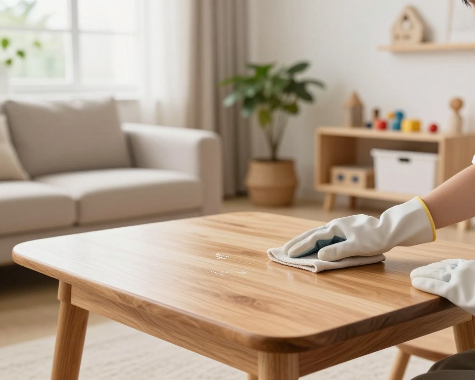 A serene living room setting highlighting a beautifully polished wooden table with a child-safe furniture wax being applied. In the foreground, a pair of hands, wearing protective gloves, slowly rub a cloth on the table, showcasing the shine and smoothness of the wood. The middle ground features a cozy, well-lit area with bright natural light streaming in from a window, illuminating soft, earth-tone furniture and a few potted plants, enhancing the warmth of the space. The background captures a playful yet tidy child-friendly environment, with toys neatly organized and minimalistic decor. The atmosphere is calm and inviting, emphasizing safety and care in a home setting. The lighting is soft yet vibrant, creating a nurturing mood.