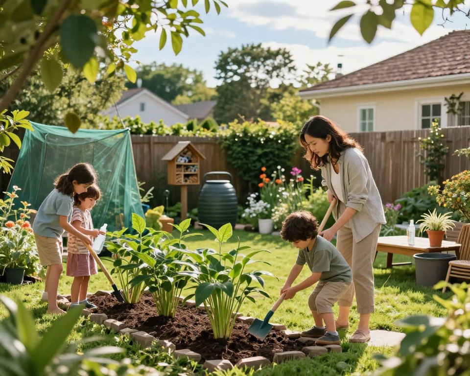A serene, lush environment showcasing a well-maintained residential garden. In the foreground, a family is applying a natural mosquito repellent spray, dressed in modest casual clothing. They are using garden tools to create physical barriers, such as planting citronella plants and using nets around seating areas. In the middle ground, we see a variety of eco-friendly garden features, like rain barrels and insect hotels, surrounded by vibrant flora. In the background, a soft-focus view of a suburban neighborhood with trees and a blue sky adds to the peaceful atmosphere. The lighting is warm and inviting, with sun rays filtering through leaves, highlighting the sense of harmony between home life and environmental management. The overall mood is calm, encouraging a sense of protection and active management against mosquitoes. A serene, lush environment showcasing a well-maintained residential garden. In the foreground, a family is applying a natural mosquito repellent spray, dressed in modest casual clothing. They are using garden tools to create physical barriers, such as planting citronella plants and using nets around seating areas. In the middle ground, we see a variety of eco-friendly garden features, like rain barrels and insect hotels, surrounded by vibrant flora. In the background, a soft-focus view of a suburban neighborhood with trees and a blue sky adds to the peaceful atmosphere. The lighting is warm and inviting, with sun rays filtering through leaves, highlighting the sense of harmony between home life and environmental management. The overall mood is calm, encouraging a sense of protection and active management against mosquitoes.