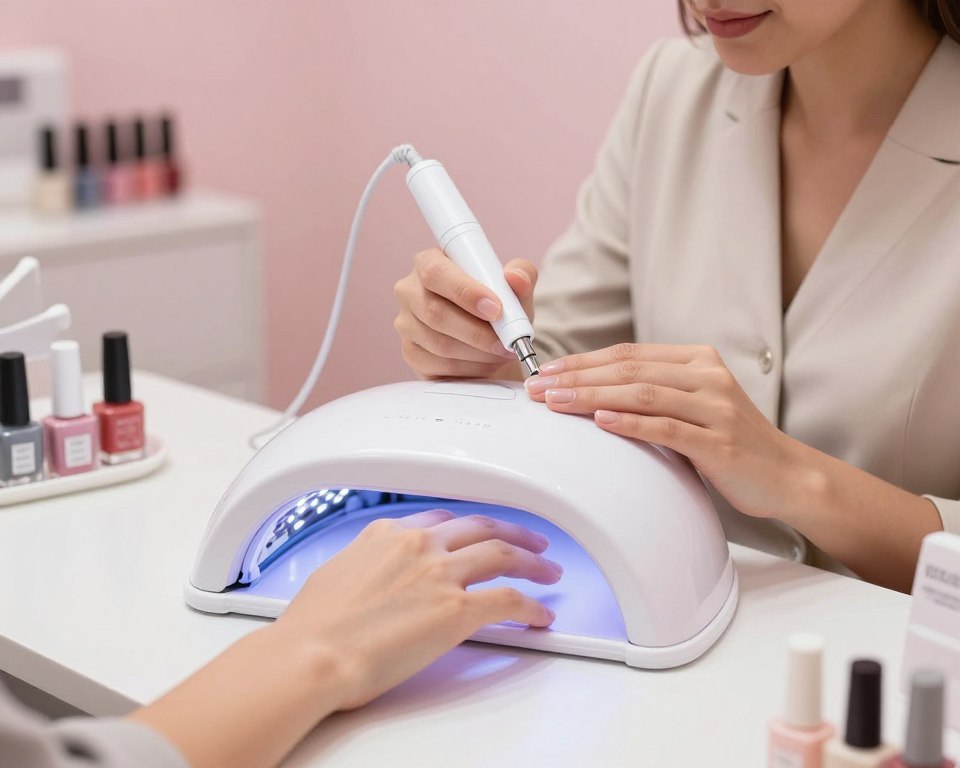 A serene nail salon setting featuring a modern gel nail UV lamp on a sleek manicure table. In the foreground, a close-up view of a well-manicured hand resting inside the UV lamp, showcasing clear skin without any signs of irritation. The middle ground includes a professional nail technician wearing modest business attire, attentively monitoring the curing process while maintaining a gentle demeanor. The background consists of soft, pastel-colored walls and neatly arranged nail polish bottles, creating a calming atmosphere. The lighting is soft and diffuse, emphasizing the safe and welcoming environment. The composition should evoke a sense of trust and relaxation, highlighting the safety of gel nail UV lamp usage for skin.