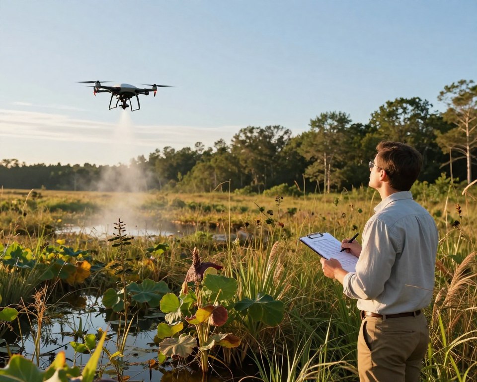 A serene natural landscape is depicted in the foreground, featuring a vibrant wetland filled with various plants and wildlife. A professional in modest casual clothing is observing the area, holding a clipboard, representing environmental research. In the middle ground, a drone is releasing chemical mist, subtly highlighting the mosquito control process. The background shows a forested area with a clear blue sky, symbolizing nature's beauty. Golden hour lighting casts warm hues over the scene, creating a contrast between the natural environment and the human intervention. The overall mood reflects a mix of concern and hope, emphasizing the balance between pest control and environmental health. A serene natural landscape is depicted in the foreground, featuring a vibrant wetland filled with various plants and wildlife. A professional in modest casual clothing is observing the area, holding a clipboard, representing environmental research. In the middle ground, a drone is releasing chemical mist, subtly highlighting the mosquito control process. The background shows a forested area with a clear blue sky, symbolizing nature's beauty. Golden hour lighting casts warm hues over the scene, creating a contrast between the natural environment and the human intervention. The overall mood reflects a mix of concern and hope, emphasizing the balance between pest control and environmental health.