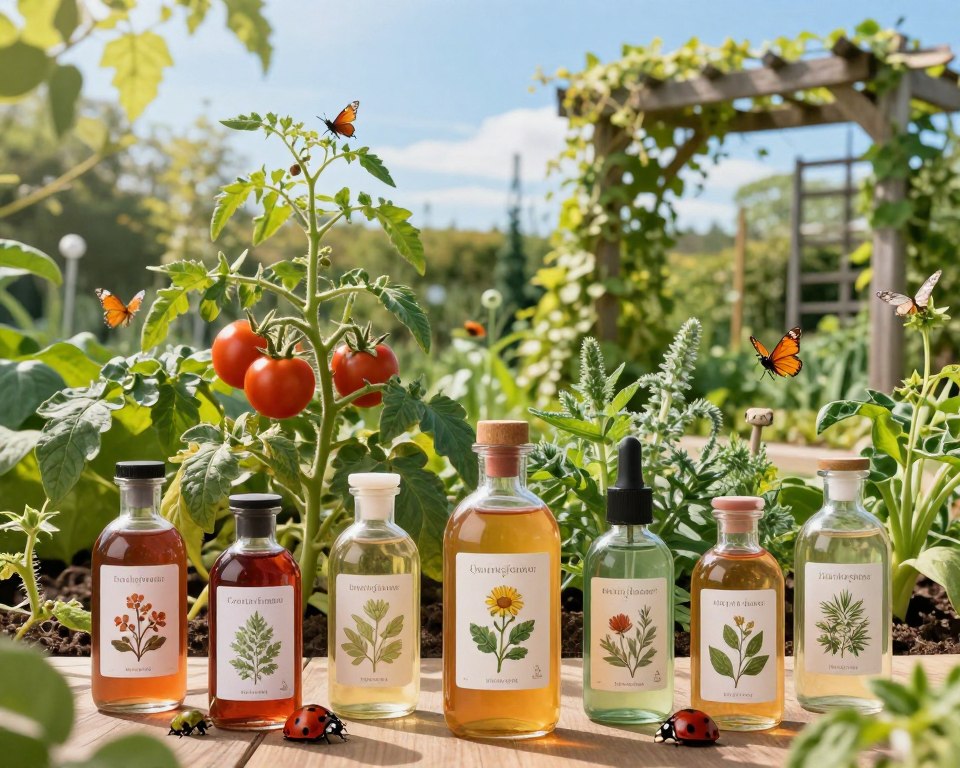 A serene organic garden scene showcasing various botanical insecticides in natural settings. In the foreground, display elegantly designed glass bottles filled with vibrant, earthy hues of insecticide, each labeled with natural illustrations. In the middle, a lush garden filled with healthy plants, such as tomatoes and herbs, with gentle sunlight filtering through the leaves, creating a dappled effect. Various beneficial insects, like ladybugs and butterflies, can be seen interacting with the plants, emphasizing a thriving ecosystem. In the background, a wooden trellis entwined with climbing vines under a bright blue sky. The overall mood is peaceful and harmonious, promoting sustainable gardening practices. Soft, natural lighting to enhance the colors and textures of the plants and products.