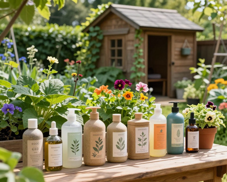 A serene organic garden scene showcasing various natural garden chemicals. In the foreground, a wooden table displays an assortment of eco-friendly chemical bottles made from recycled materials, labeled with earthy colors and botanical illustrations. In the middle ground, vibrant plants thrive, featuring lush leafy greens and colorful flowers, all without synthetic substances. The background reveals a quaint wooden shed adorned with climbing vines, under dappled sunlight filtering through leaves, casting gentle shadows. The atmosphere is calm and inviting, evoking a sense of safety and health in gardening practices. The image should be bright and vibrant, shot from a slightly elevated angle to capture the garden's depth, with a focus on the organic essence of the setting.