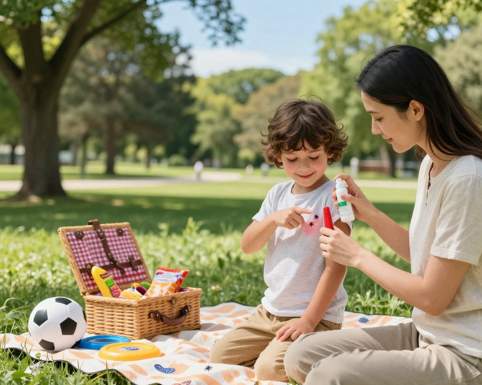 A serene outdoor scene depicting a family enjoying a picnic in a lush green park, highlighting the importance of tick bite prevention. In the foreground, a parent applies a safe tick spray onto a child's clothing, both dressed in modest casual attire. The child, looking cheerful, points at a small picnic basket filled with healthy snacks. The middle ground features a blanket laid out on the grass, dotted with colorful play items like a frisbee and a soccer ball. In the background, trees provide dappled sunlight, casting gentle shadows, while a clear blue sky enhances the peaceful atmosphere. Soft, natural lighting creates an inviting, safe mood, focusing on the family and the protective measures taken against ticks. A serene outdoor scene depicting a family enjoying a picnic in a lush green park, highlighting the importance of tick bite prevention. In the foreground, a parent applies a safe tick spray onto a child's clothing, both dressed in modest casual attire. The child, looking cheerful, points at a small picnic basket filled with healthy snacks. The middle ground features a blanket laid out on the grass, dotted with colorful play items like a frisbee and a soccer ball. In the background, trees provide dappled sunlight, casting gentle shadows, while a clear blue sky enhances the peaceful atmosphere. Soft, natural lighting creates an inviting, safe mood, focusing on the family and the protective measures taken against ticks.