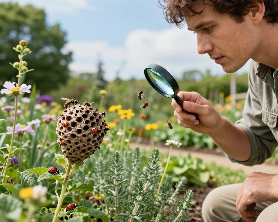 A serene outdoor scene depicting a professional in a garden, carefully inspecting a wasp nest using natural methods. In the foreground, a gardener, dressed in modest casual clothing, holds a magnifying glass to closely observe beneficial insects like ladybugs and lacewings, symbolizing integrated pest management (IPM). The middle ground features a variety of flowering plants, interspersed with pest-repelling herbs. In the background, a bright blue sky frames a healthy ecosystem with trees and pollinator-friendly blooms. Soft, natural lighting highlights the intricate details of the insects and plants, creating a calm and educational atmosphere. The scene conveys a message of harmony with nature, emphasizing the effectiveness of managing wasp infestations without harsh chemicals.