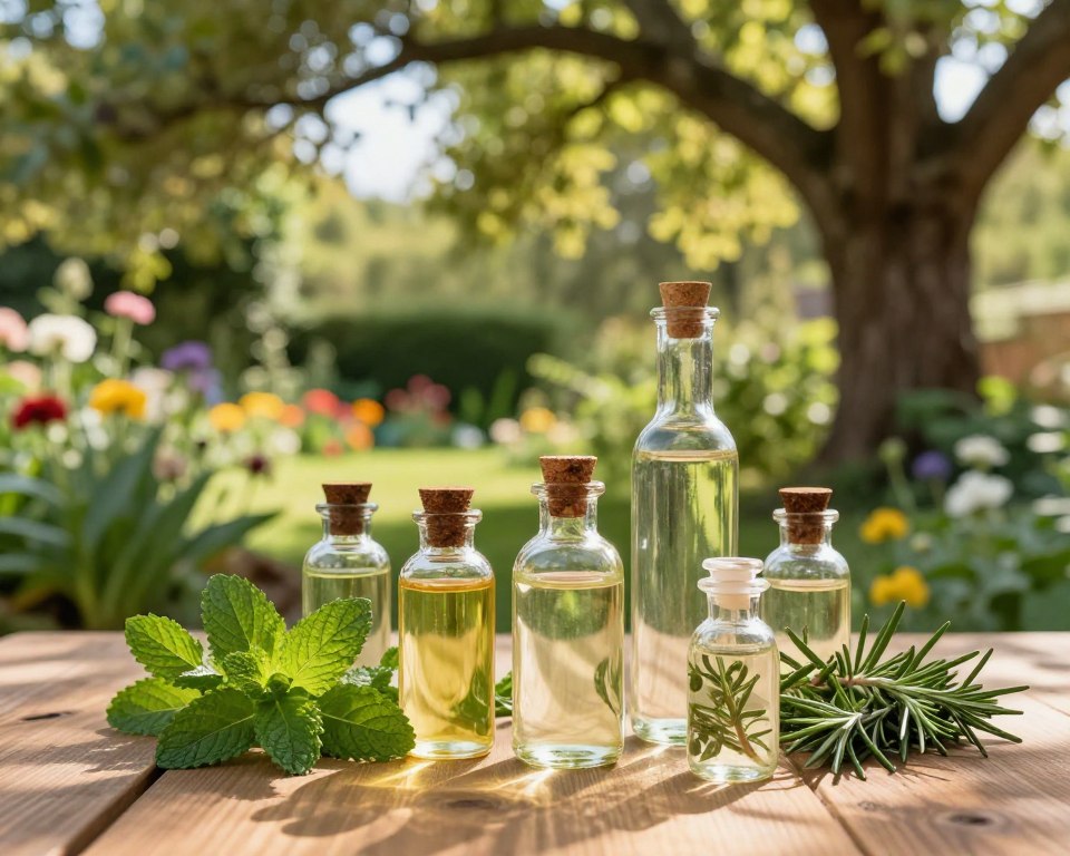 A serene outdoor scene showcasing a collection of natural ant repellent alternatives. In the foreground, a wooden table displays various small glass bottles filled with herbal liquids, like peppermint oil and vinegar, and fresh herbs such as mint and rosemary, their vibrant greens contrasting with the transparent bottles. In the middle ground, a lush garden with colorful blooming flowers and leafy plants can be seen, creating an inviting atmosphere. The background features soft sunlight filtering through the leaves of a large oak tree, casting gentle, dappled shadows on the scene. Use warm, natural lighting with a slight golden hue to evoke a sense of tranquility and safety. The composition should be captured from a low angle to emphasize the abundance of nature surrounding the products.