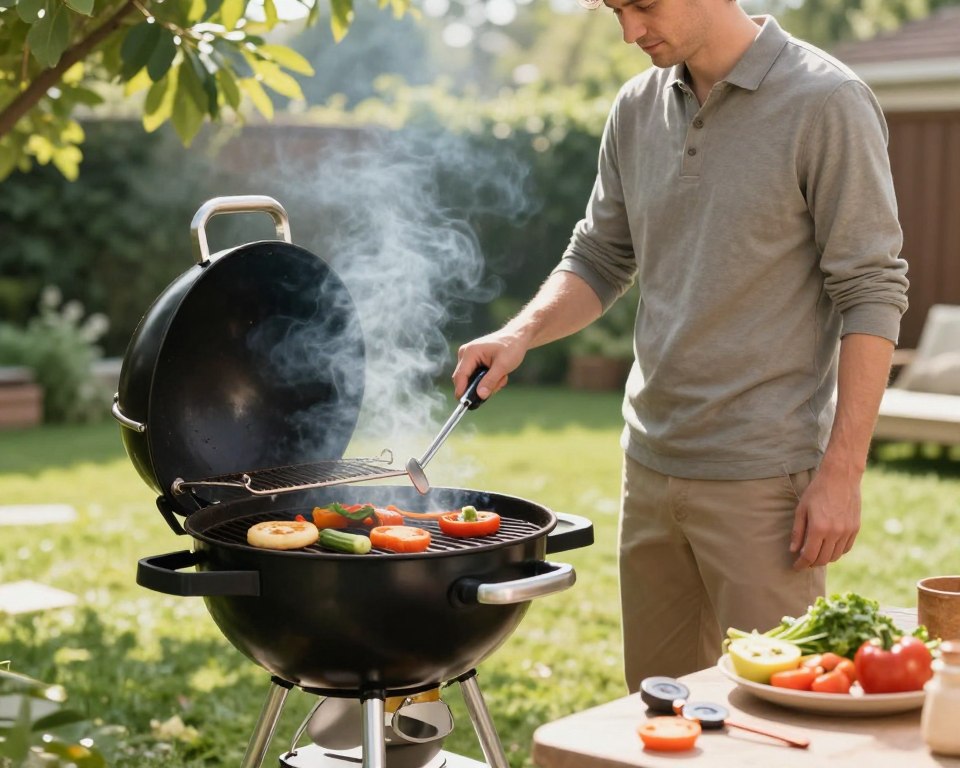 A serene outdoor setting focused on a charcoal grill in the foreground, featuring a well-structured and safe grilling area. The grill is positioned on a solid surface, surrounded by fresh vegetables and grilling tools, emphasizing a healthy grilling atmosphere. In the middle ground, a professional individual, dressed in modest casual clothing, carefully checks grill temperatures with a food thermometer, ensuring safety. The background showcases a vibrant backyard with green grass and trees, indicative of a relaxing summer day. Soft, natural lighting filters through the leaves, casting gentle highlights on the scene, while a blurred depth of field keeps the focus on the safety practices being demonstrated. The overall mood is calm and responsible, promoting safe grilling habits and minimizing smoke exposure.