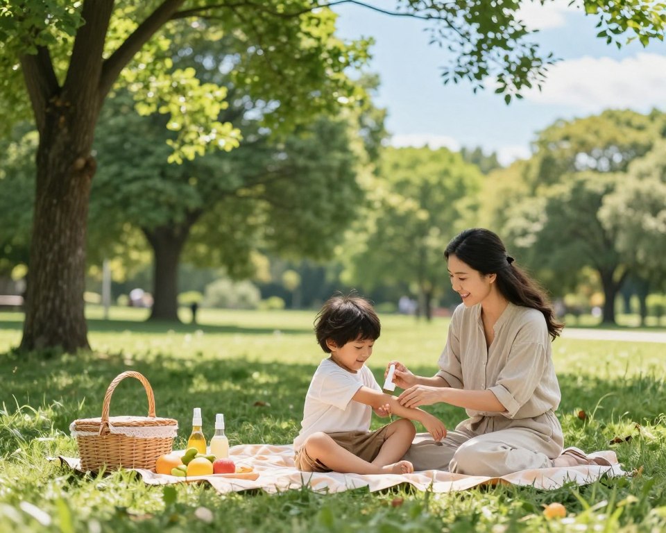 A serene outdoor setting showcasing a family enjoying a bug-free picnic in a lush park, conveying the theme of safety in daily insect repellent use. In the foreground, a mother applying insect repellent to her child's arm, both smiling, dressed in modest, casual clothing. The middle ground features a picnic blanket with a basket, fruits, and drinks, emphasizing a healthy lifestyle. In the background, tall trees with vibrant green leaves and a clear blue sky, creating a sense of tranquility and protection. Soft, natural sunlight filters through the foliage, casting gentle shadows. The overall atmosphere is warm and inviting, underscoring both the enjoyment of outdoor activities and the importance of using insect repellent safely.