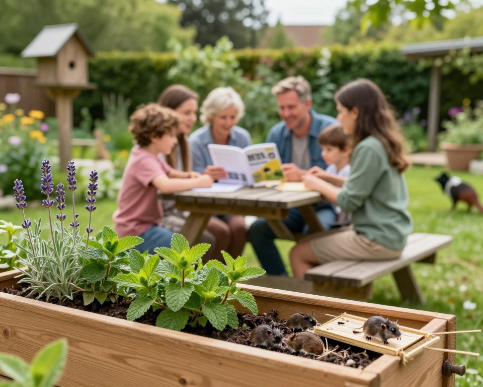 A serene outdoor setting showcasing safe alternatives to chemical rodent control. In the foreground, display a wooden garden box filled with fresh herbs like mint and lavender, known to repel rodents, alongside natural traps made from bamboo. In the middle, picture a cheerful family gathered around a picnic table, dressed in modest casual clothing, examining a handbook on humane rodent control methods with smiles. The background features a lush green garden with birdhouses and a few friendly garden animals, emphasizing a balanced ecosystem. Soft, natural sunlight illuminates the scene, creating a warm and inviting atmosphere. The composition should convey a sense of safety, harmony, and a proactive approach to pest management.