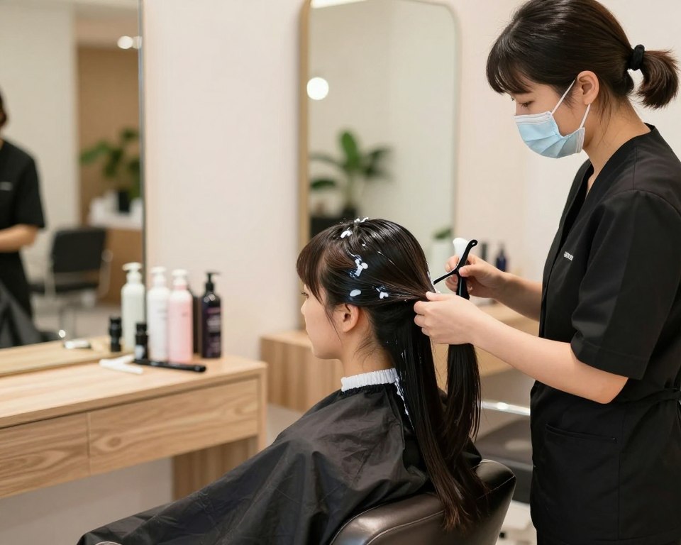 A serene salon environment focused on a keratin hair treatment procedure. In the foreground, a salon professional in a professional business attire is carefully applying a safe keratin treatment to a client's hair. The client, seated comfortably, exhibits a relaxed expression while wearing a protective salon cape. In the middle ground, a variety of salon tools and products neatly arranged on a counter, emphasizing an organized and professional space. Bright, warm lighting bathes the scene, creating an inviting atmosphere. In the background, soft-focus images of salon décor, such as plants and mirrors, contribute to a calming backdrop. The overall mood is safe and comforting, reflecting a commitment to health and professionalism in hair care.