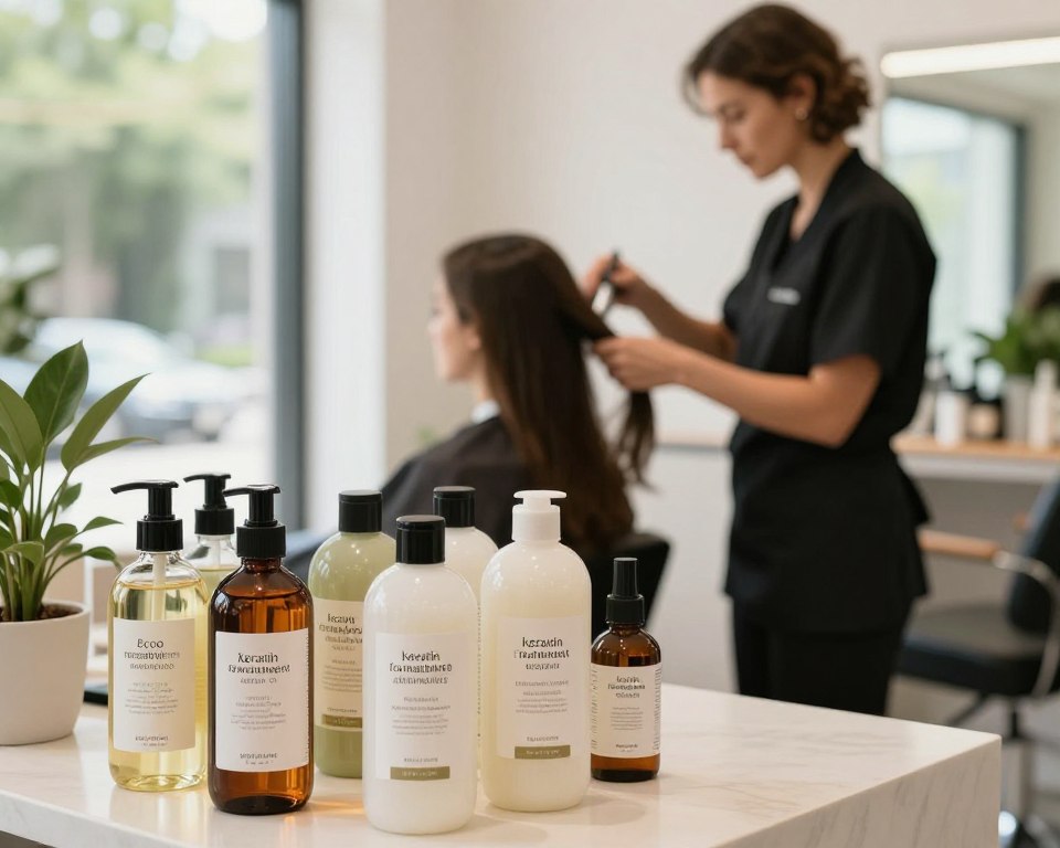 A serene salon setting showcasing a variety of keratin treatment products labeled as formaldehyde alternatives. In the foreground, display an aesthetically pleasing arrangement of eco-friendly hair care bottles with labels highlighting key natural ingredients like argan oil, keratin amino acids, and plant extracts. The middle ground features a stylist in professional attire, gently applying one of the treatments to a client's hair, who appears relaxed and content. In the background, soft natural light streams in through large windows, illuminating greenery and creating a calm, inviting atmosphere. Use a shallow depth of field to keep the focus on the stylist and the products while softly blurring the background, enhancing the peaceful mood of a safe and healthy salon environment.