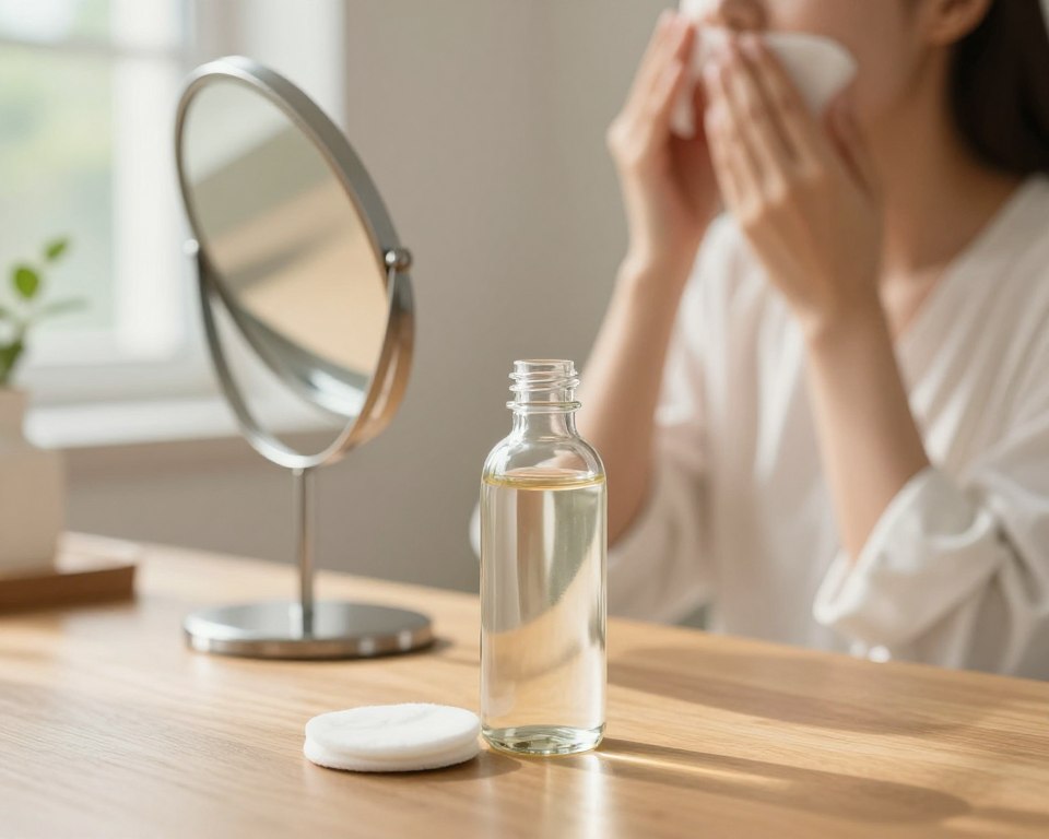 A serene setting featuring a clear glass bottle of apple cider vinegar toner resting on a wooden vanity table. The foreground includes a delicate cotton pad beside the bottle, emphasizing its application for skincare. In the middle, a soft-focus crystal-clear mirror reflects gentle morning light that highlights the natural skin tones of a woman applying the toner to her face, dressed in a modest white blouse, conveying a sense of purity and safety. The background is softly blurred with subtle greenery peeking through a window, creating a calm, inviting atmosphere. The lighting is warm and natural, with a shallow depth of field to draw attention to the toner and its application. The overall mood is fresh, clean, and serene, suitable for a discussion about skincare safety.