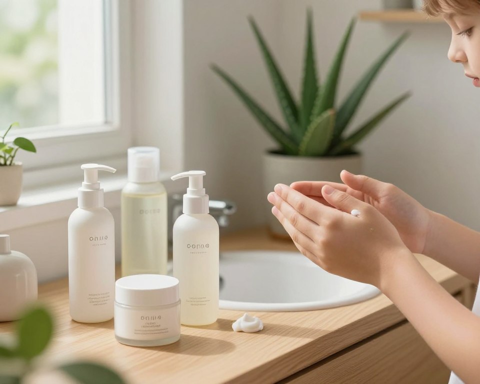 A serene skincare setting focused on sensitive skin care. In the foreground, a beautifully arranged collection of gentle skincare products, including a soothing cream, toner, and facial mist, elegantly displayed on a light wooden vanity. In the middle, a pair of hands, softly applying a cream to a flawless cheek, emphasizing the importance of caring for sensitive skin. The background features a softly lit bathroom with greenery—a potted aloe vera plant and a small window allowing natural light to filter in, creating a calm and inviting atmosphere. The overall mood is tranquil and nurturing, symbolizing the delicate nature of teenage skin care. Use soft, diffused lighting to enhance the gentle theme, and a shallow depth of field to keep the focus on the products and hands. A serene skincare setting focused on sensitive skin care. In the foreground, a beautifully arranged collection of gentle skincare products, including a soothing cream, toner, and facial mist, elegantly displayed on a light wooden vanity. In the middle, a pair of hands, softly applying a cream to a flawless cheek, emphasizing the importance of caring for sensitive skin. The background features a softly lit bathroom with greenery—a potted aloe vera plant and a small window allowing natural light to filter in, creating a calm and inviting atmosphere. The overall mood is tranquil and nurturing, symbolizing the delicate nature of teenage skin care. Use soft, diffused lighting to enhance the gentle theme, and a shallow depth of field to keep the focus on the products and hands.