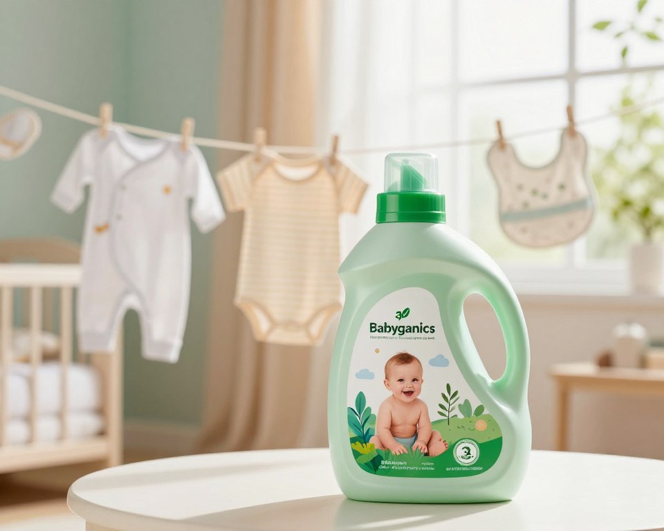 A serene, softly lit scene showcasing a bottle of Babyganics 3X Laundry Detergent prominently placed in the foreground. The detergent bottle should be eco-friendly in design, with vibrant green and white colors, featuring an illustration of a happy baby surrounded by natural elements like leaves and soft clouds. In the middle ground, there are neatly arranged baby clothes, perhaps a onesie and a bib, gently wafting on a small clothesline, symbolizing freshness. The background features a cozy nursery setting with pastel colors and a sunlit window, allowing warm, natural light to filter through, creating a calming and inviting atmosphere. The scene embodies a sense of safety and environmental consciousness, ideal for parents seeking plant-based products for their babies.