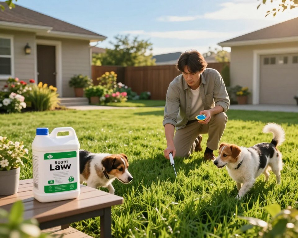 A serene suburban lawn scene during the golden hour, showcasing a vibrant green lawn. In the foreground, a family dog curiously approaches a container of lawn fertilizer placed safely on a patio table, symbolizing the potential risks to pets. In the middle ground, an adult wearing professional casual attire is kneeling beside the lawn, inspecting the grass while holding a testing kit, emphasizing the concern for toxicity. The background features a well-maintained garden with blooming flowers and a clear blue sky, casting soft, warm lighting across the scene. The atmosphere is one of caution and awareness, highlighting the theme of safety around lawn care products without any text or distractions. A serene suburban lawn scene during the golden hour, showcasing a vibrant green lawn. In the foreground, a family dog curiously approaches a container of lawn fertilizer placed safely on a patio table, symbolizing the potential risks to pets. In the middle ground, an adult wearing professional casual attire is kneeling beside the lawn, inspecting the grass while holding a testing kit, emphasizing the concern for toxicity. The background features a well-maintained garden with blooming flowers and a clear blue sky, casting soft, warm lighting across the scene. The atmosphere is one of caution and awareness, highlighting the theme of safety around lawn care products without any text or distractions.