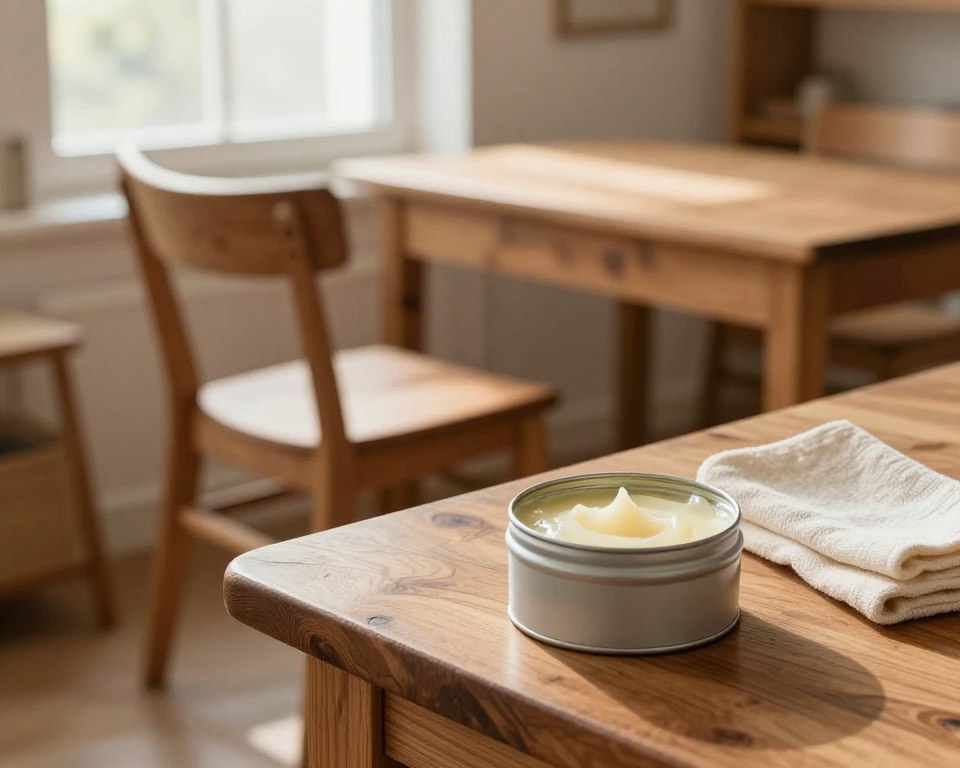 A serene, sunlit workshop showcasing natural furniture wax. In the foreground, a small, open tin of creamy, organic furniture wax sits on a polished wooden table, with a soft cloth nearby ready for application. The middle ground features a rustic, handcrafted wooden chair and a cozy table, both exemplifying the rich, warm tones of natural wood grain. In the background, light streams through a window, illuminating the space with a gentle glow, highlighting the textures of the furniture. The overall atmosphere conveys safety and warmth, ideal for families. Shallow depth of field focuses on the wax and furniture, creating a soft, inviting mood, evoking a sense of care and environmental consciousness.