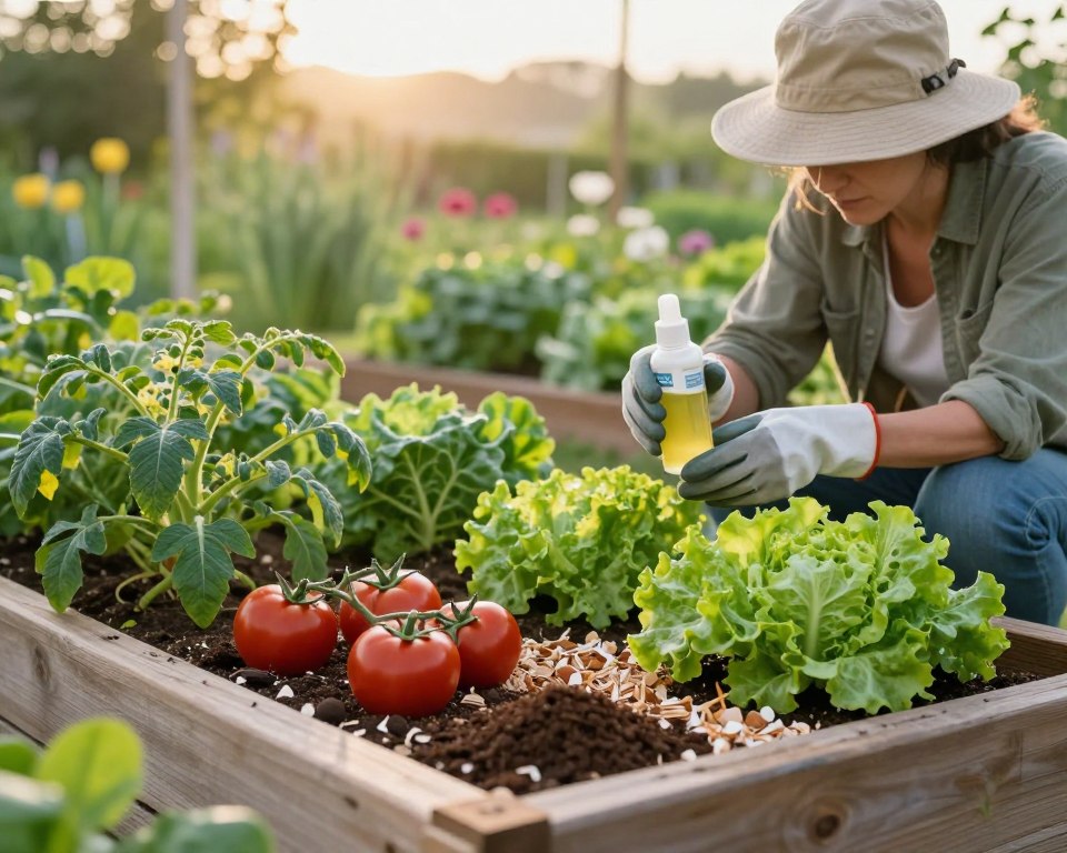 A serene vegetable garden at dawn, showcasing vibrant green plants flourishing free from slugs. In the foreground, a variety of vegetables, such as tomatoes and lettuce, are arranged neatly in raised wooden beds, surrounded by a gentle layer of natural barriers like crushed eggshells and coffee grounds. In the middle ground, a gardener, dressed in a modest sun hat and work gloves, is applying organic slug repellent made from essential oils, with a focus on their careful technique and commitment to sustainability. The background features a soft-focus view of lush greenery and blooming flowers under a soft morning light, creating a warm and inviting atmosphere. The image captures a peaceful yet proactive approach to organic gardening, emphasizing harmony with nature.