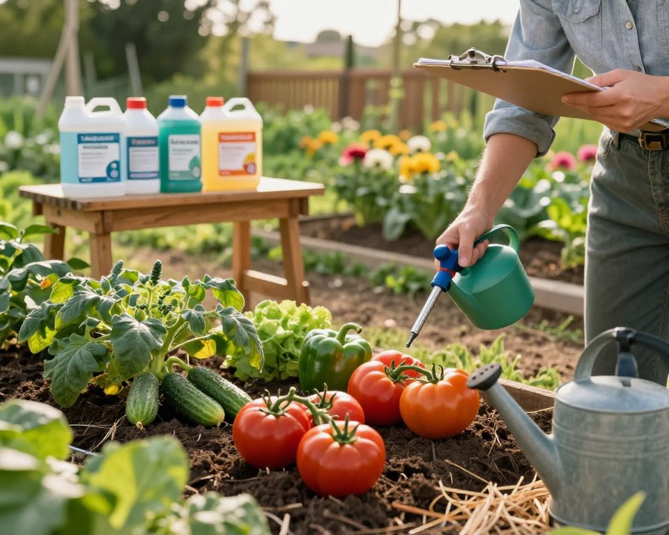 A serene vegetable garden setting under soft afternoon sunlight, showcasing healthy, vibrantly colored vegetables like tomatoes, peppers, and cucumbers nestled in rich soil. In the foreground, a person in modest gardening attire is inspecting the plants with a clipboard, demonstrating best practices for chemical application. The middle ground features a small, organized tool bench with various safe gardening chemicals labeled clearly, while a watering can and organic mulch sit nearby. The background reveals a lush landscape with a wooden fence and blooming flowers, promoting a wholesome atmosphere. The image is captured with a shallow depth of field and a warm, inviting light, emphasizing the peaceful coexistence of gardening and safe practices.