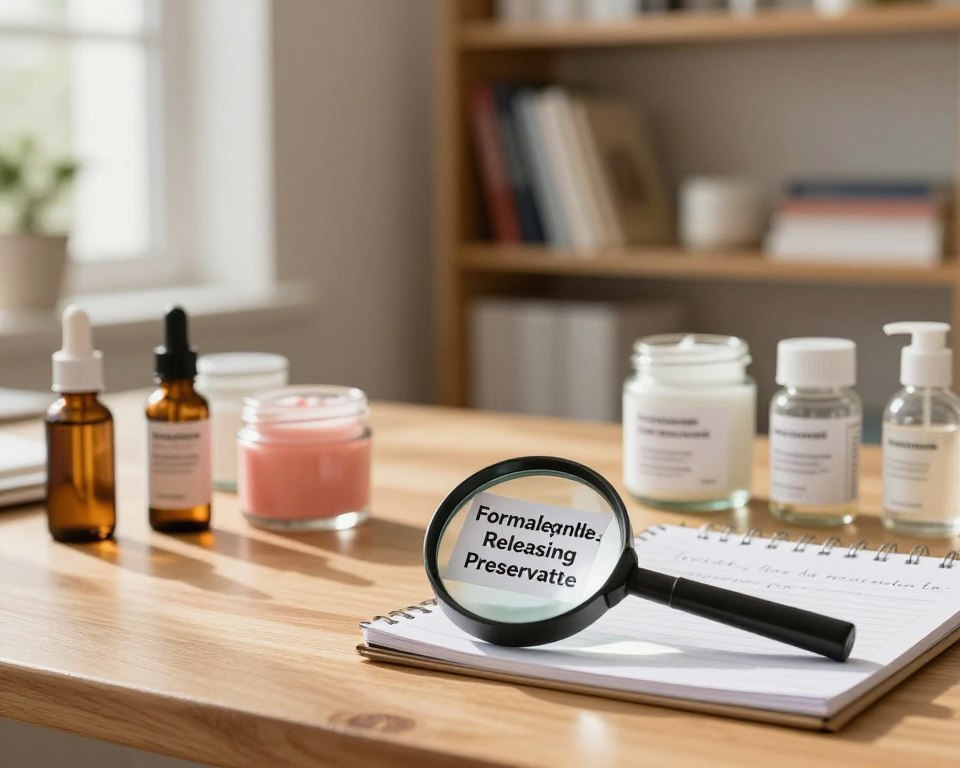 A serene, well-lit workspace featuring a variety of cosmetic ingredients spread out on a sleek wooden table. In the foreground, a magnifying glass hovers over a cosmetic label displaying the words "Formaldehyde-Releasing Preservative" in a clear font. The middle of the scene includes elegant glass jars filled with colorful creams and serums, alongside a notepad with handwritten notes about ingredient safety. In the background, soft-focus shelves lined with books on cosmetic chemistry and safety regulations create an academic atmosphere. Warm, natural lighting filters through a nearby window, casting gentle shadows and highlighting the textures of the ingredients. The overall mood is informative yet calming, inviting consumers to explore cosmetic ingredient safety thoughtfully. A serene, well-lit workspace featuring a variety of cosmetic ingredients spread out on a sleek wooden table. In the foreground, a magnifying glass hovers over a cosmetic label displaying the words "Formaldehyde-Releasing Preservative" in a clear font. The middle of the scene includes elegant glass jars filled with colorful creams and serums, alongside a notepad with handwritten notes about ingredient safety. In the background, soft-focus shelves lined with books on cosmetic chemistry and safety regulations create an academic atmosphere. Warm, natural lighting filters through a nearby window, casting gentle shadows and highlighting the textures of the ingredients. The overall mood is informative yet calming, inviting consumers to explore cosmetic ingredient safety thoughtfully.