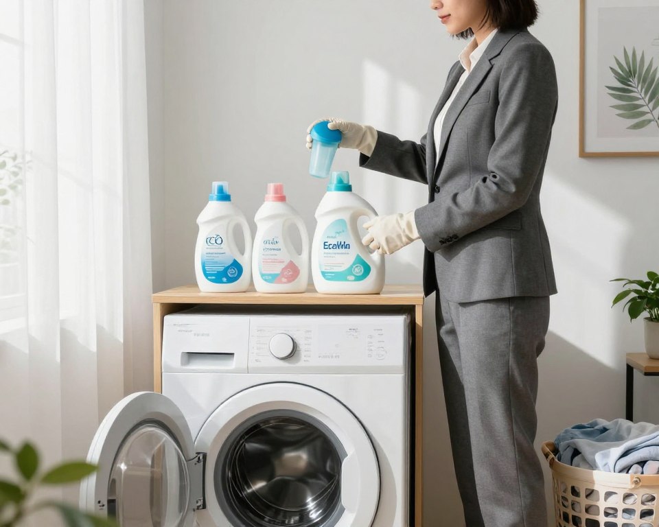 A serene, well-organized laundry room in a modern American home, emphasizing best practices for reducing exposure to fabric softeners. In the foreground, an elegant front-loading washing machine and a neatly stacked shelf with eco-friendly laundry products, clearly labeled, showcasing safe alternatives. The middle layer features a person in professional business attire, demonstrating proper measuring of fabric softener in a cap, while wearing gloves for safety. Soft, natural light filters through a window with sheer curtains, casting gentle shadows across the room. In the background, clean white walls adorned with nature-themed artwork, hints of indoor plants, and a laundry basket filled with freshly laundered linens create a calm and inviting environment. The overall mood is tranquil and informative, illustrating a mindful approach to laundry care.