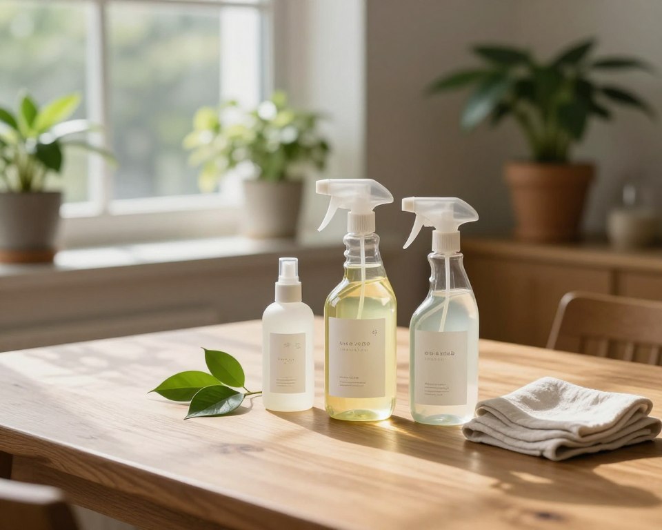A serene, well-organized workspace featuring natural wood cleaners. In the foreground, a polished wooden table displays eco-friendly cleaning products in clear bottles, labeled with simple, elegant designs. A few fresh green leaves and a soft cloth are placed beside the products. The middle ground shows a sunlit window, filtering warm, natural light that casts gentle shadows, enhancing the wood grain texture. In the background, potted plants add a touch of vibrant greenery to the space, promoting a sense of tranquility and cleanliness. The atmosphere feels calm and inviting, embodying the psychological comfort of clean surfaces. Captured with a shallow depth of field and a slight tilt-shift effect, emphasizing the products while keeping the surrounding ambiance softly blurred. A serene, well-organized workspace featuring natural wood cleaners. In the foreground, a polished wooden table displays eco-friendly cleaning products in clear bottles, labeled with simple, elegant designs. A few fresh green leaves and a soft cloth are placed beside the products. The middle ground shows a sunlit window, filtering warm, natural light that casts gentle shadows, enhancing the wood grain texture. In the background, potted plants add a touch of vibrant greenery to the space, promoting a sense of tranquility and cleanliness. The atmosphere feels calm and inviting, embodying the psychological comfort of clean surfaces. Captured with a shallow depth of field and a slight tilt-shift effect, emphasizing the products while keeping the surrounding ambiance softly blurred.
