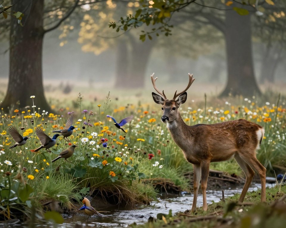 A serene woodland scene illustrating the environmental impact of glyphosate on wildlife. In the foreground, a distressed deer stands beside a small stream, its fur slightly wilted and eyes reflecting concern. Nearby, a group of birds appears to be struggling, feebly trying to land on a patch of wilting flowers. The middle ground features a dying patch of wildflowers, their vibrant colors dulled, showing the invasive effects of glyphosate. In the background, a hazy forest with tall trees, partially shrouded in mist, evokes a somber mood. Soft, diffused sunlight breaks through the leaves, casting gentle shadows on the ground. The atmosphere is heavy yet still, conveying a sense of urgency about protecting wildlife in the face of chemical exposure. A serene woodland scene illustrating the environmental impact of glyphosate on wildlife. In the foreground, a distressed deer stands beside a small stream, its fur slightly wilted and eyes reflecting concern. Nearby, a group of birds appears to be struggling, feebly trying to land on a patch of wilting flowers. The middle ground features a dying patch of wildflowers, their vibrant colors dulled, showing the invasive effects of glyphosate. In the background, a hazy forest with tall trees, partially shrouded in mist, evokes a somber mood. Soft, diffused sunlight breaks through the leaves, casting gentle shadows on the ground. The atmosphere is heavy yet still, conveying a sense of urgency about protecting wildlife in the face of chemical exposure.