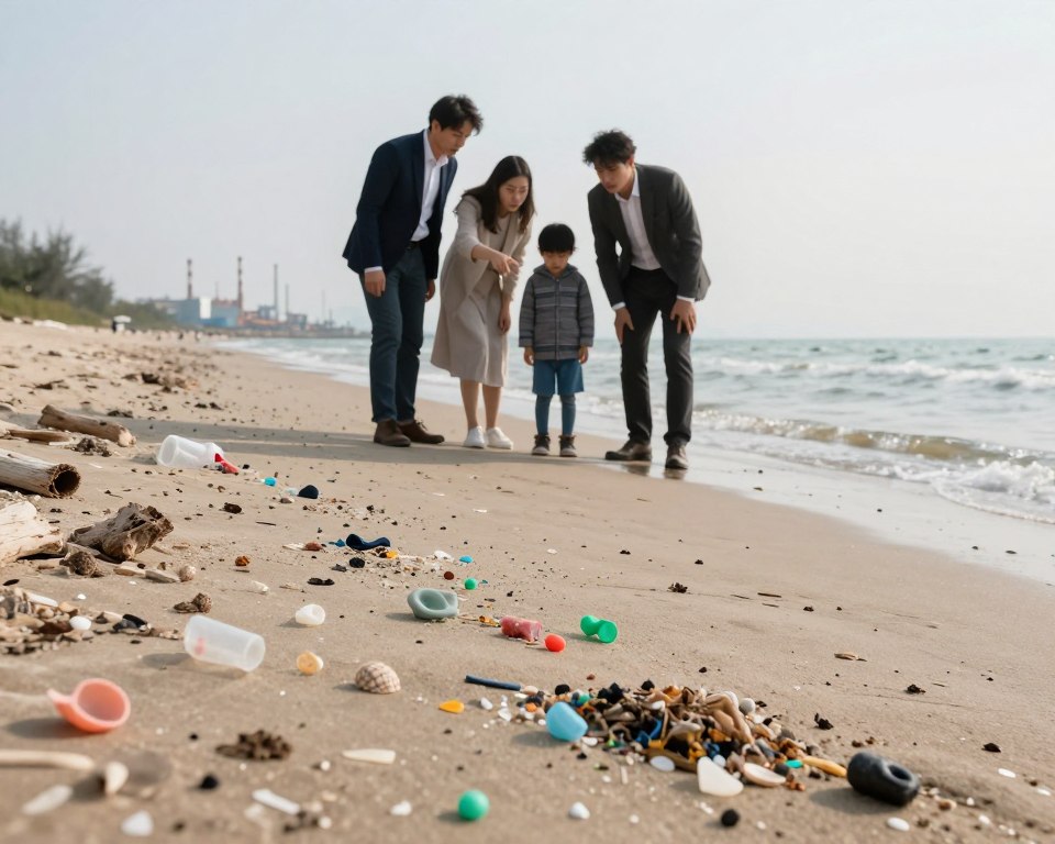 A serene yet concerning beach scene in the foreground, littered with visible microplastics—tiny fragments of plastic in various shapes and colors scattered among seashells and driftwood. In the middle ground, a family of four, dressed in professional casual attire, examines the shoreline, pointing at the microplastics with concerned expressions. The background features a distant industrial area with smokestacks, under a hazy sky, highlighting the environmental effects of pollution. Use soft, natural lighting to create a slightly somber mood, capturing a sense of urgency and awareness. The angle should be slightly elevated, providing a sweeping view of the beach, emphasizing the contrast between natural beauty and pollution, with an overall atmosphere that evokes the pressing issue of microplastics in the environment.