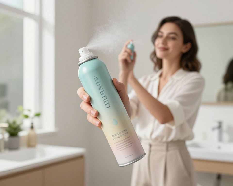 A sleek aerosol can of dry shampoo spray, prominently displayed in the foreground, showcasing its elegant design with a glossy finish and pastel color palette. The canister is slightly tilted, with a soft mist emanating from the nozzle to illustrate its usage. In the middle ground, a professional woman is using the product, dressed in smart casual attire, with an expression of ease and confidence. She is positioned in a bright, airy bathroom, with soft natural lighting coming through a window, casting gentle shadows. The background features a stylish vanity with clean lines, small potted plants, and minimalistic decor to create a serene, hygienic atmosphere. The overall mood is uplifting and informative, emphasizing safety and best practices for inhalation while applying the product.