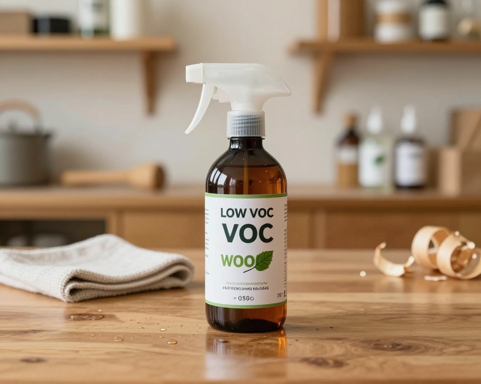 A sleek bottle of low VOC wood polish spray, featuring an eco-friendly label showcasing natural ingredients. In the foreground, the spray is centered on a polished wooden surface that reflects its sheen, with droplets glistening. The middle ground includes a soft cloth nearby, suggesting its use, and subtle wood shavings to indicate recent polishing. The background features a warm, inviting workshop setting with wooden shelves lined with tools and eco-friendly products. Soft, natural lighting floods the scene, creating a calm and safe atmosphere. Capture the bottle at a slight angle to emphasize its shape and label, with a shallow depth of field to keep the focus on the polish. The mood is professional and reassuring, ideal for illustrating safe, non-toxic wood care options. A sleek bottle of low VOC wood polish spray, featuring an eco-friendly label showcasing natural ingredients. In the foreground, the spray is centered on a polished wooden surface that reflects its sheen, with droplets glistening. The middle ground includes a soft cloth nearby, suggesting its use, and subtle wood shavings to indicate recent polishing. The background features a warm, inviting workshop setting with wooden shelves lined with tools and eco-friendly products. Soft, natural lighting floods the scene, creating a calm and safe atmosphere. Capture the bottle at a slight angle to emphasize its shape and label, with a shallow depth of field to keep the focus on the polish. The mood is professional and reassuring, ideal for illustrating safe, non-toxic wood care options.