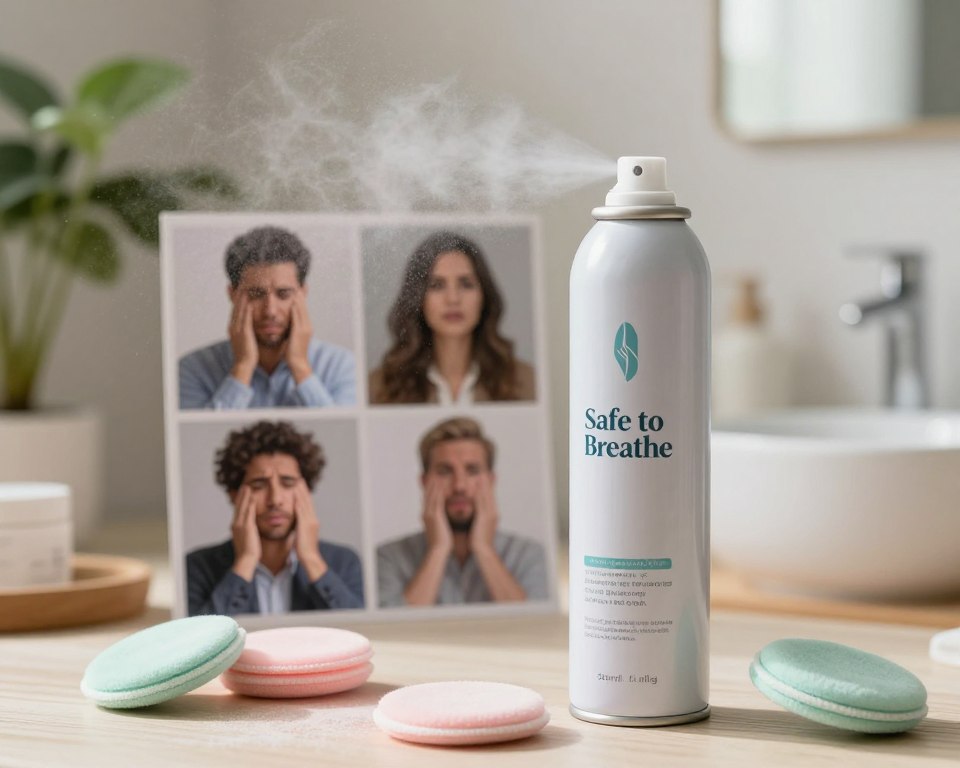 A sleek can of dry shampoo spray labeled "Safe to Breathe" sits prominently in the foreground, glistening under soft, natural light. The aerosol nozzle is slightly tilted, hinting at recent use. Surrounding the can is a delicate arrangement of pastel-colored powder puffs and gentle wisps of dry shampoo mist subtly rising, suggesting its lightweight texture. In the middle ground, soft-focus images of concerned individuals, including diverse people in professional attire, demonstrate a range of respiratory conditions, looking thoughtfully at the product. The background features a cozy bathroom setting with natural wood and soothing greenery, creating a calm atmosphere. The overall mood of the image conveys conscientiousness and safety, encouraging awareness while showcasing the product’s intended use for healthier hair routines.