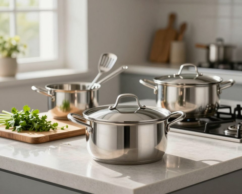 A sleek kitchen scene focusing on stainless steel cookware displayed prominently on a polished countertop. In the foreground, a shiny stainless steel pot with a lid is highlighted, reflecting ambient light. In the middle ground, various stainless steel utensils and a cutting board with fresh herbs create a vibrant cooking atmosphere. Natural sunlight filters through a nearby window, casting soft, warm shadows that enhance the metallic sheen of the cookware. The background features minimalist kitchen decor with a hint of greenery, creating a fresh and inviting space. The overall mood evokes safety and reliability, emphasizing the quality and trust in using stainless steel for daily cooking needs.