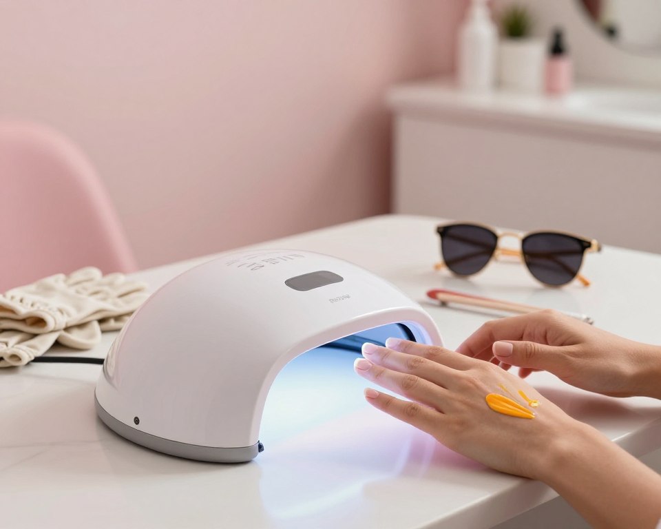 A sleek, modern UV lamp designed for gel nail curing, prominently displayed in the foreground. The lamp emits a soft, ambient glow, illuminating a pair of hands applying sunscreen with SPF 50, emphasizing skin protection against UV exposure. In the middle ground, a variety of protective accessories like fingerless gloves and UV-blocking sunglasses are elegantly arranged. The background features a softly blurred nail salon interior, with soothing pastel colors that evoke a calming atmosphere. The lighting is soft and warm, creating a serene, professional vibe. The overall mood is focused on safety and self-care, highlighting best practices in minimizing UV exposure while enjoying nail treatments.