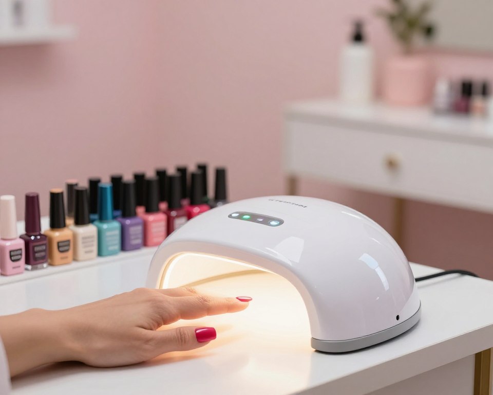 A sleek, modern UV lamp for gel nail polish sits elegantly on a well-organized nail station. The foreground features a gentle glow from the lamp, illuminating a beautifully manicured hand positioned inside, showcasing a fresh layer of vibrant gel polish. In the middle, an array of colorful gel polish bottles is neatly arranged, each reflecting a soft sheen under warm, diffused lighting. The background is softly blurred, depicting a cozy, well-lit salon atmosphere with pastel-colored walls and minimalistic decor that suggests a clean and safe environment. The overall mood is professional yet inviting, emphasizing the importance of proper product application for beautiful, well-cared-for nails, without any distractions from text or logos.