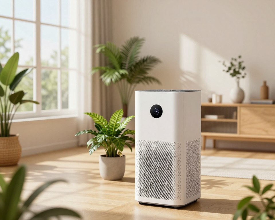 A sleek, modern air purifier designed specifically for VOC mitigation stands prominently in the foreground, featuring an elegant, minimalist design with a smart display and advanced filtration system. The middle layer showcases indoor plants strategically placed around the air purifier, symbolizing a natural approach to air quality enhancement. In the background, a well-lit, airy room filled with natural light streaming through large windows, highlighting clean lines and contemporary decor, creates a tranquil atmosphere. The lighting is soft and warm, evoking a sense of calm and health. Shot from a slightly elevated angle to emphasize the purifier's features, the image conveys innovation and cleanliness in air purification technology, making it an ideal visual representation of air purification's role in improving indoor air quality.