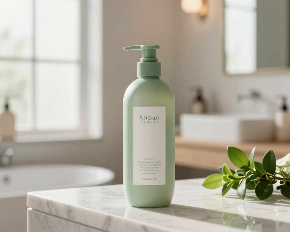 A sleek, modern bottle of paraben-free shampoo stands proudly in the foreground, elegantly designed with soft curves and a minimalist label, showcasing natural ingredients. It's placed on a polished marble countertop, with a small, lush green plant nearby to convey freshness. In the middle ground, a soft-focus, luxurious bathroom setting features natural light streaming through frosted glass, creating a warm and inviting atmosphere. The background includes a stylish mirror and light-colored wood accents, enhancing the serene mood. The overall color palette is soft and earthy, with hues of green, white, and pale wood. The scene evokes a sense of wellness and pampering, ideal for individuals with sensitive scalps looking for gentle hair care solutions.