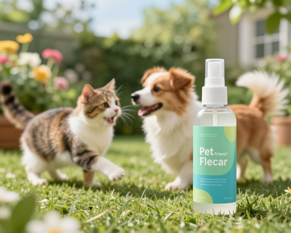 A sleek, modern bottle of pet-friendly flea spray prominently displayed in the foreground, featuring a clear label with calming colors like green and blue to signify safety and nature. In the middle ground, a pair of happy cats and dogs playfully interacting with each other on a soft, grassy surface, exuding a friendly, safe atmosphere. In the background, a sun-drenched outdoor garden filled with colorful flowers and lush greenery enhances the theme of a safe home for pets. Soft, natural lighting bathes the entire scene to create a warm, inviting mood. The image should have a shallow depth of field to focus on the flea spray bottle while softly blurring the pets and garden.