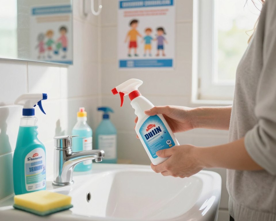 A small, brightly lit bathroom featuring a cluttered sink area with various cleaning supplies, including a bottle of drain cleaner prominently displayed in the foreground. The décor should feature light, neutral tiles and pastel colors, creating a fresh, airy atmosphere. In the middle ground, a family-friendly safety poster is visible on the wall, emphasizing safety precautions for using chemical cleaners. Soft, natural light filters in from a small window, casting gentle shadows and highlighting the vibrant colors of the cleaning supplies. A professional-looking person, dressed in modest casual clothing, is thoughtfully reading the safety instructions on the drain cleaner bottle. The overall mood is one of caution and awareness, emphasizing the importance of safety in small spaces.