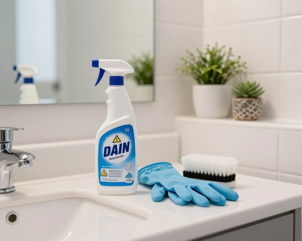 A small, well-lit bathroom featuring a clean and organized environment. In the foreground, a bottle of drain cleaner sits prominently on a vanity, showcasing a label with a clear safety warning symbol. In the middle, a pair of rubber gloves and a scrubbing brush are neatly arranged next to the bottle, symbolizing safety precautions. The background includes a bright mirror reflecting the scene, with subtle hints of plants in decorative pots to evoke a fresh atmosphere. Soft, natural light floods the space from a window, enhancing the cleanliness and safety theme. The mood is calm and reassuring, emphasizing responsible use of cleaning products in small spaces.