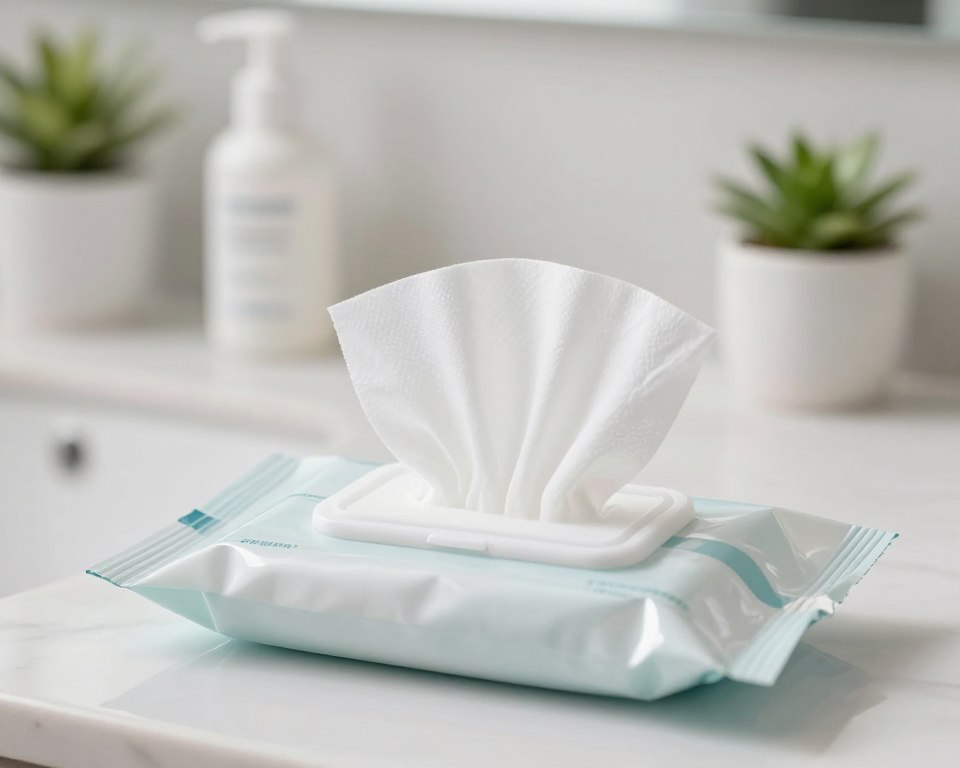 A soft-focus close-up image of dermatologist-approved makeup remover wipes, elegantly arranged in a delicate, transparent packaging. The wipes should appear pristine and inviting, with a gentle sheen that suggests their cleansing properties. In the foreground, a few wipes should be slightly pulled out, showcasing their fluffy texture and gentle design. In the middle ground, a stylish bathroom vanity featuring clinical skincare products and a small potted plant adds a touch of freshness. The background should have soft, diffused lighting to create a serene, calming atmosphere, reflecting a professional focus on skincare. Capture the essence of cleanliness and safety, with an overall mood of trust and reliability.