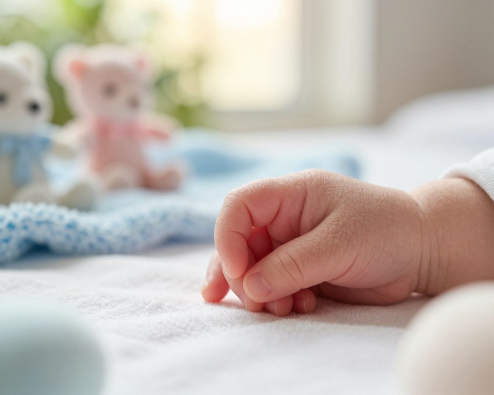 A soft-focus close-up of a newborn's delicate hand gently resting on a clean white surface, emphasizing the fine texture of their sensitive skin. The hand is surrounded by a few natural elements like a tiny, soft blue blanket and gentle pastel-colored stuffed animals, representing a nurturing atmosphere. In the background, blurred greenery and warm, soft sunlight filters through a window, creating an inviting, peaceful environment. Captured with a shallow depth of field to highlight the intricate details of the skin, such as fine lines and a rosy hue, while maintaining an overall calm and soothing mood, portraying the essence of newborn skin sensitivity. A soft-focus close-up of a newborn's delicate hand gently resting on a clean white surface, emphasizing the fine texture of their sensitive skin. The hand is surrounded by a few natural elements like a tiny, soft blue blanket and gentle pastel-colored stuffed animals, representing a nurturing atmosphere. In the background, blurred greenery and warm, soft sunlight filters through a window, creating an inviting, peaceful environment. Captured with a shallow depth of field to highlight the intricate details of the skin, such as fine lines and a rosy hue, while maintaining an overall calm and soothing mood, portraying the essence of newborn skin sensitivity.