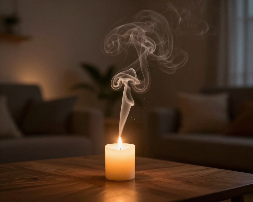 A softly glowing candle burns in a dimly lit room, casting warm, flickering light that dances across the surfaces. Wisps of thick, grayish smoke curl upward, swirling gracefully in the air, capturing the viewer's attention. In the foreground, the candle sits atop a wooden table, while gentle shadows play on the nearby walls. In the middle ground, faint traces of soot can be seen accumulating in the air, subtly indicating the presence of indoor air pollution. The background features a blurred silhouette of a cozy living room with soft furnishings, muted colors, and plants, creating a serene yet slightly concerning atmosphere. The lighting is warm but slightly hazy, creating an intimate mood. The angle of the shot is slightly elevated, enhancing the swirling motion of the smoke, while avoiding any human presence to keep the focus on the candle and its impact on air quality. A softly glowing candle burns in a dimly lit room, casting warm, flickering light that dances across the surfaces. Wisps of thick, grayish smoke curl upward, swirling gracefully in the air, capturing the viewer's attention. In the foreground, the candle sits atop a wooden table, while gentle shadows play on the nearby walls. In the middle ground, faint traces of soot can be seen accumulating in the air, subtly indicating the presence of indoor air pollution. The background features a blurred silhouette of a cozy living room with soft furnishings, muted colors, and plants, creating a serene yet slightly concerning atmosphere. The lighting is warm but slightly hazy, creating an intimate mood. The angle of the shot is slightly elevated, enhancing the swirling motion of the smoke, while avoiding any human presence to keep the focus on the candle and its impact on air quality.