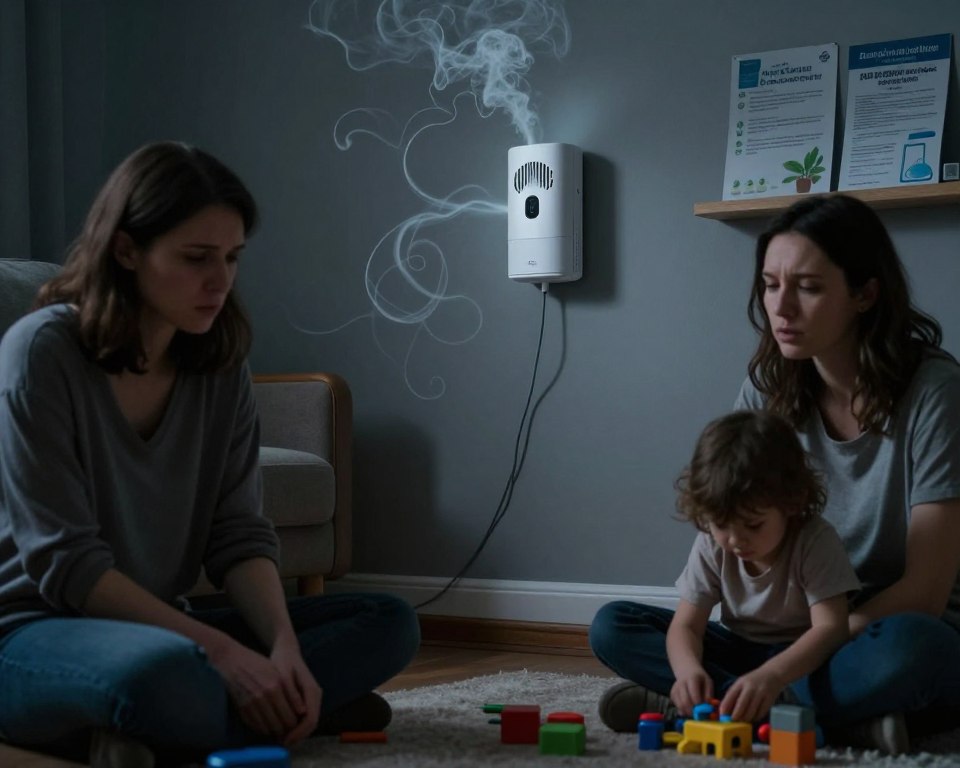 A somber and engaging image depicting the harmful effects of plug-in air fresheners, focusing on a dimly lit living room setting. In the foreground, a worried parent, dressed in modest casual clothing, is observing a small child playing with toys on the floor, a subtle expression of concern on their face. In the middle ground, an ornate plug-in air freshener is mounted on the wall, with tendrils of invisible, toxic-looking fumes spiraling outwards, hinting at the hidden dangers it presents. The background reveals a shelf with health pamphlets about air quality, underscoring the theme of safety. The overall atmosphere is one of unease, highlighted by soft yet unsettling lighting that casts shadows, creating a contrast between the innocent play of the child and the ominous presence of the air freshener. A somber and engaging image depicting the harmful effects of plug-in air fresheners, focusing on a dimly lit living room setting. In the foreground, a worried parent, dressed in modest casual clothing, is observing a small child playing with toys on the floor, a subtle expression of concern on their face. In the middle ground, an ornate plug-in air freshener is mounted on the wall, with tendrils of invisible, toxic-looking fumes spiraling outwards, hinting at the hidden dangers it presents. The background reveals a shelf with health pamphlets about air quality, underscoring the theme of safety. The overall atmosphere is one of unease, highlighted by soft yet unsettling lighting that casts shadows, creating a contrast between the innocent play of the child and the ominous presence of the air freshener.