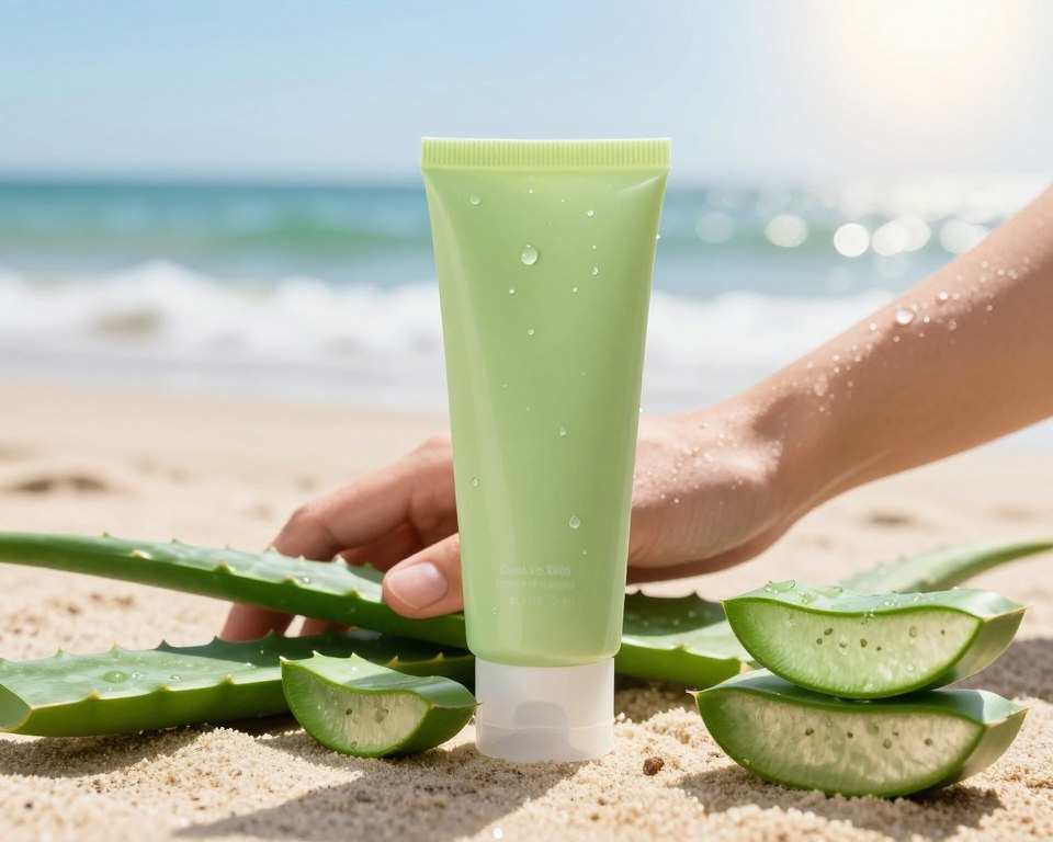 A soothing scene featuring an open tube of aloe vera gel with added fragrance, prominently displayed in the foreground, showcasing its fresh green color. Surrounding the tube, delicate pieces of sliced aloe vera leaves create a natural frame, while drops of the gel glisten in the sunlight. In the middle ground, a sunburned arm gently reaches for the gel, highlighting the relief aspect. In the background, a softly blurred beach setting evokes a warm summer day, with soft waves lapping at the shore and gentle sunlight filtering through a clear blue sky. The overall mood is calm and refreshing, emphasizing the healing qualities of aloe vera. Soft, natural lighting enhances the scene, captured from a slightly elevated angle to create an inviting perspective.