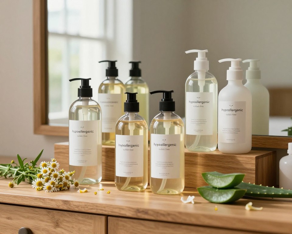 A sophisticated and aesthetically pleasing display of hypoallergenic shampoo products arranged on a wooden vanity. In the foreground, feature several elegantly designed shampoo bottles with clear labels indicating ‘hypoallergenic’ and ‘sulfate-free,’ artfully surrounded by fresh ingredients like chamomile, aloe vera, and gentle flower petals. The middle layer reveals a mirror reflecting the serene arrangement, adding depth. In the background, soft, natural light streams through a window, creating a warm and inviting atmosphere. The setting conveys a sense of calm and wellness, emphasizing the idea of gentle skincare. The overall mood is tranquil and informative, visually representing the potential misconceptions of hypoallergenic labels without any clutter or distractions.