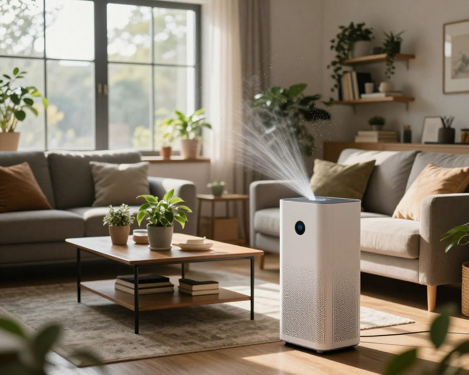 A spacious indoor living room, featuring a cozy sofa and a coffee table surrounded by houseplants. In the foreground, a visible air purifier is working, releasing gentle streams of air, with particles symbolizing indoor air pollutants like dust and allergens. In the middle ground, a large window offers a glimpse of fresh outdoor air, illuminated by warm sunlight, creating soft shadows within the room. In the background, shelves lined with books and decorative items provide a homely atmosphere, but with a muted color palette to emphasize the concern of air quality. The overall mood is slightly tense, highlighting the importance of ventilation and airflow in reducing pollutants, all captured with a natural light source and a slight depth of field effect to draw focus to the air purifier.