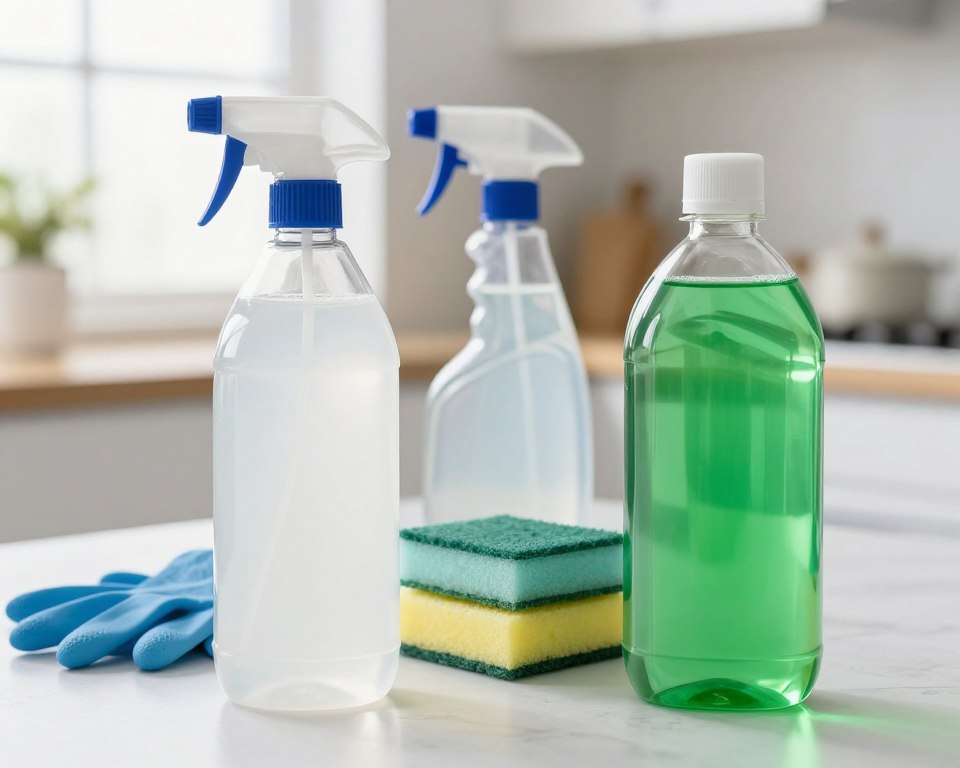 A split-comparison image showcasing "Oxygen Bleach vs. Chlorine Bleach." In the foreground, two clear glass containers: one filled with vibrant white Oxygen Bleach and the other with a bright green Chlorine Bleach solution, each labeled subtly. The middle ground features a cleaning toolkit, including sponges, gloves, and a spray bottle, arranged neatly between the two containers. The background is a softly blurred kitchen setting, enhancing the household cleaning theme, with natural light streaming in through a window, creating a fresh and clean atmosphere. The image conveys a sense of safety and effectiveness in cleaning products, emphasizing a professional approach. The angle is slightly above eye level, capturing both containers prominently and providing a clean, organized view.