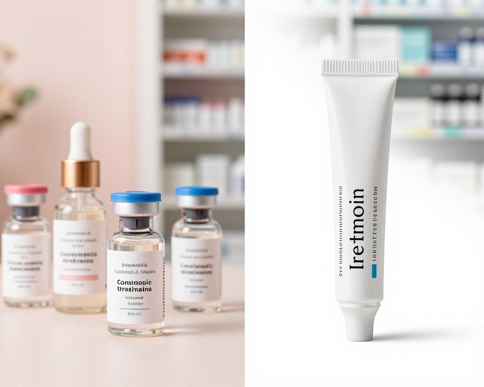 A split composition illustrating cosmetic retinols and prescription tretinoin. On the left, elegant cosmetic bottles with clear labeling, surrounded by soft pastel colors and gentle lighting, evoking a sense of luxury and personal care. On the right, a sleek, clinical-looking prescription tube with a white background, suggesting a professional and medical environment. Include a subtle contrast in textures: the smooth, refined look of cosmetics versus the sharp, clean lines of medical packaging. The background showcases a blurred pharmacy setting, reinforcing the distinction. The overall mood should be informative yet visually appealing, inviting viewers to understand the differences between the two types of products. Use soft lighting to create a calming effect, focusing on the intricate details of each item.